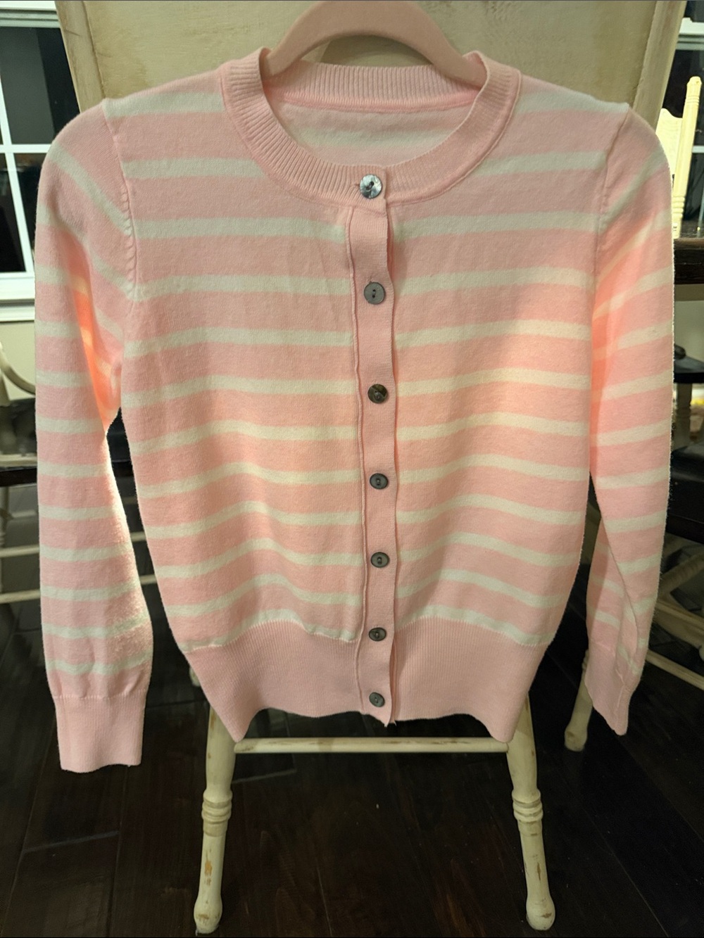 Classic Pink & White Striped Crewneck Cardigan Sweater